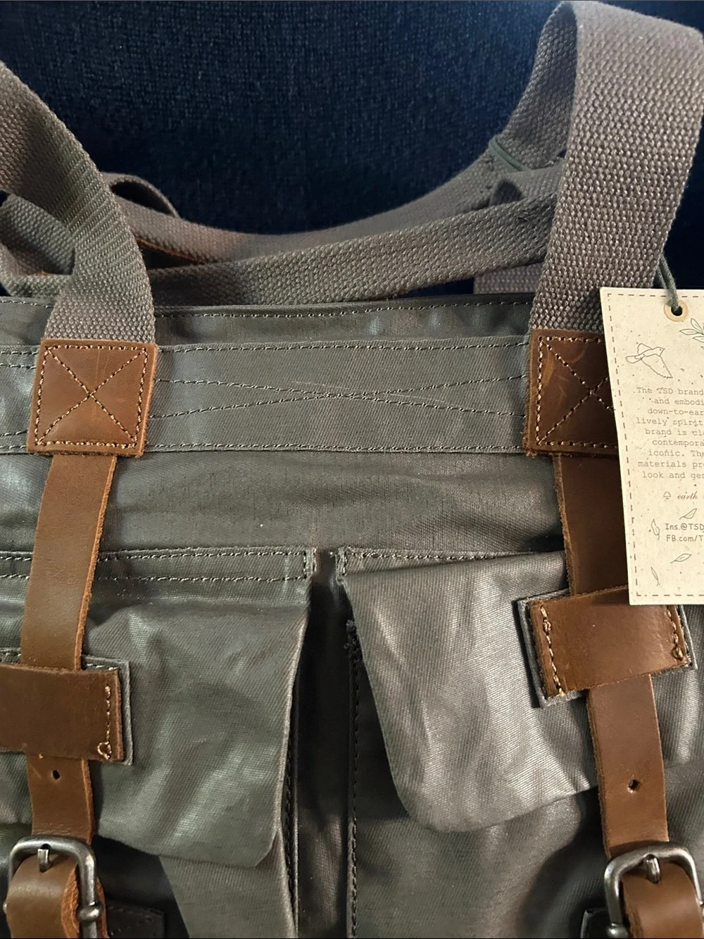 TSD Brand Urban Coated 100% Cotton Canvas Tote Bag w Genuine Leather Trim NWT
